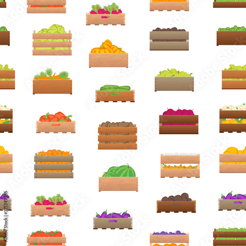 Cartoon Color Crates Fresh Fruits Sign Seamless Pattern Background. Vector