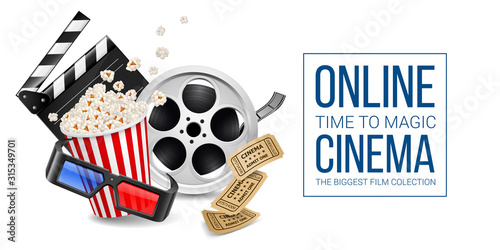 Cinematograph Concept Banner Design Template with Movie Clapper Board, Cinema Vintage Ticket, Popcorn in the Striped Bag, Film Reel and 3d Glasses Over White Background