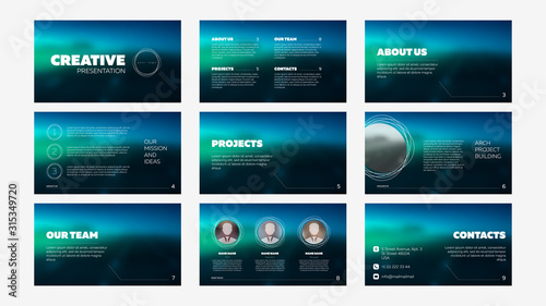 Presentation vector template. Green and blue color on blur background. Universal mockup set with main page, about company, team and project list. Modern design for print, web or tablet demonstration.