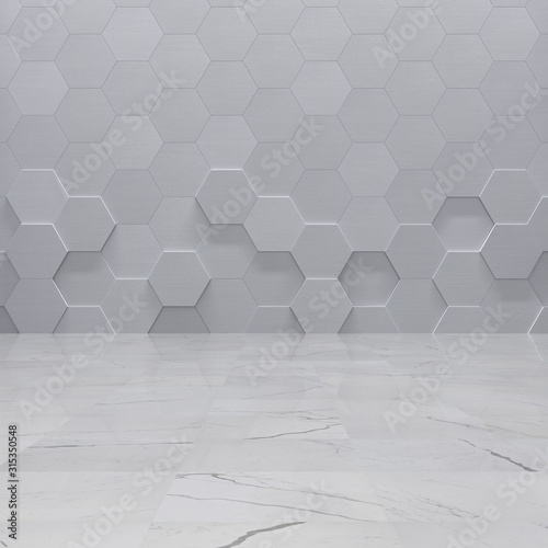 Empty Interior With Metal Hexagon Tiled Wall and Marble Floor (3D Illustration)