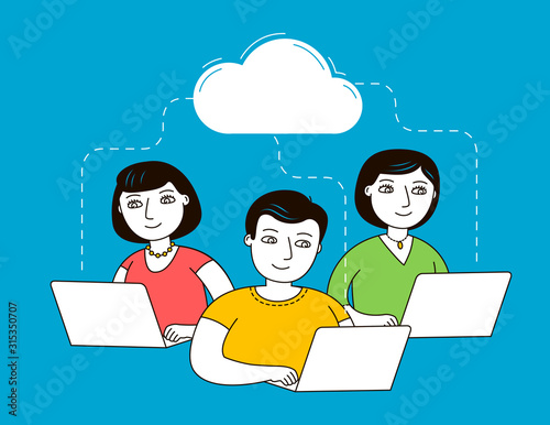 People chatting over laptops on social network. E-learning, distance education vector