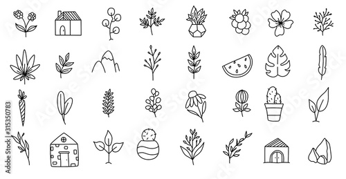 Icons of plants and flowers. Hand-drawn art on a white background. Linear logo art.