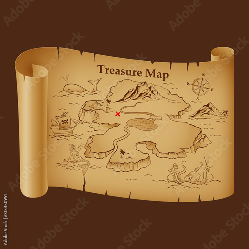 Stylized Pirate Map on Vintage Paper with Treasure on the Island. Pirate Ship, Sea Monsters, Mermaid and Compas. Antique or Old Scroll, Retro Treasure Map. Historical and Geographic, Adventure Theme