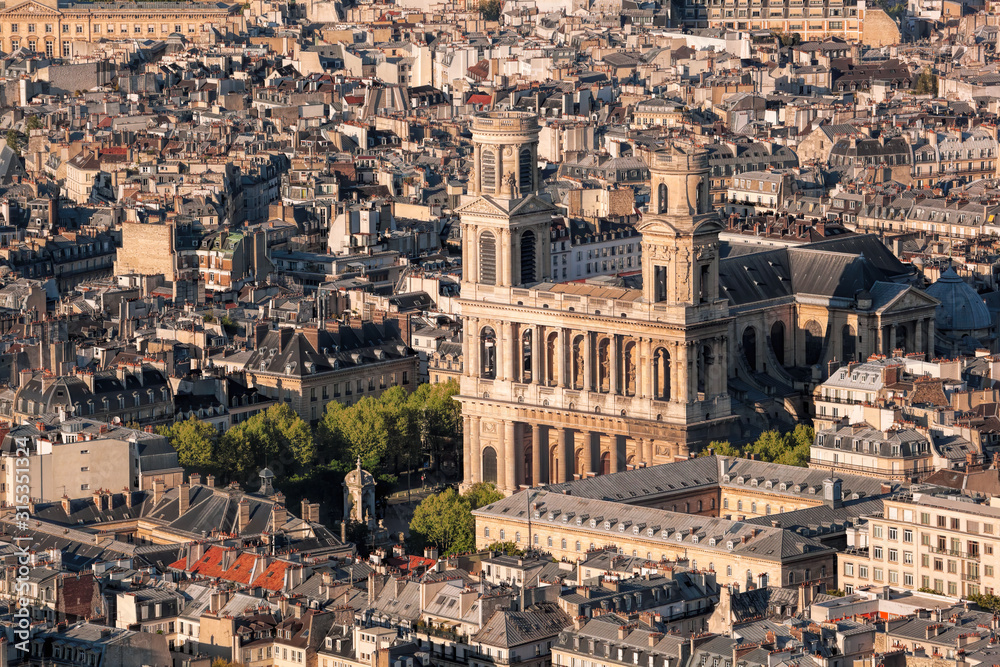 Aerial view of Saint Sulpice church in Paris, France