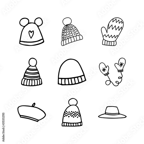 Set of hand drawn clothing items,accessories vector icons.Collection of clothing doodles.Beanie,pom pom hat,winter hat,mittens,gloves,fedora,beret icons for patterns,scrapbooks,planners.