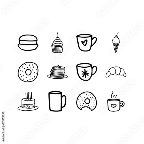 Set of hand drawn food icons isolated on a white background.Food doodles.Pancake doughnut macaron  birthday cake ice cream  croissant cupcake hot chocolate tea coffee cup mug icons.