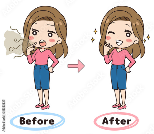 口臭に悩んだ女性のイラスト ビフォーアフター 全身図 Stock Vector Adobe Stock