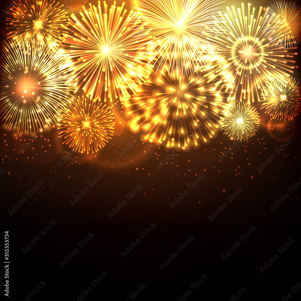 Obraz premium Explosion of festive fireworks, on a dark background. Element for the holiday. Vector.