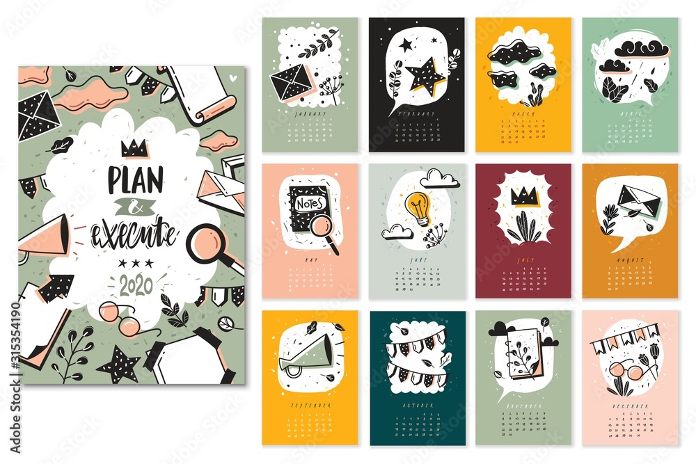 Bullet journal doodle calendar months set