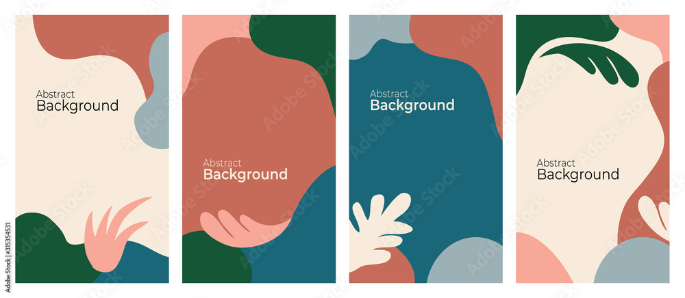 Cover design with geometric shapes. Set of trendy floral backgrounds for banners, social media stories. Vector illustrations with plant leaves for poster, wallpapers. Abstract templates for flyer, web