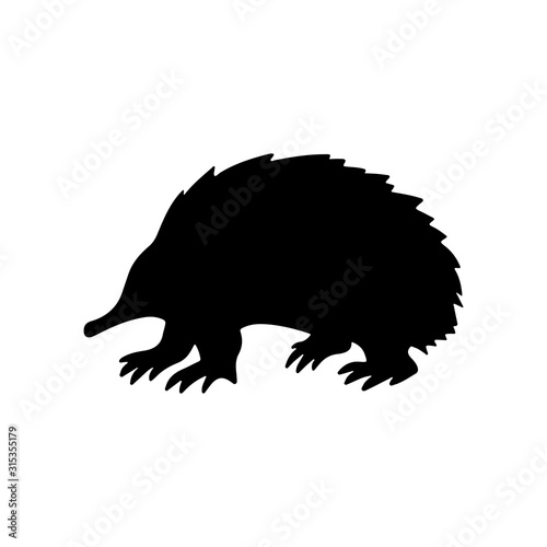 Hand drawn vector silhouette illustration animal of Australia echidna isolated on white background. Wild life and fauna. Best for books, cards, posters, sites, stickers, print, tattoo