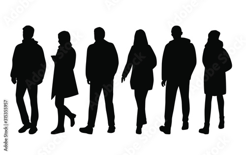 Vector silhouettes of  men and a women, a group of standing and walking  business people, black color isolated on white background