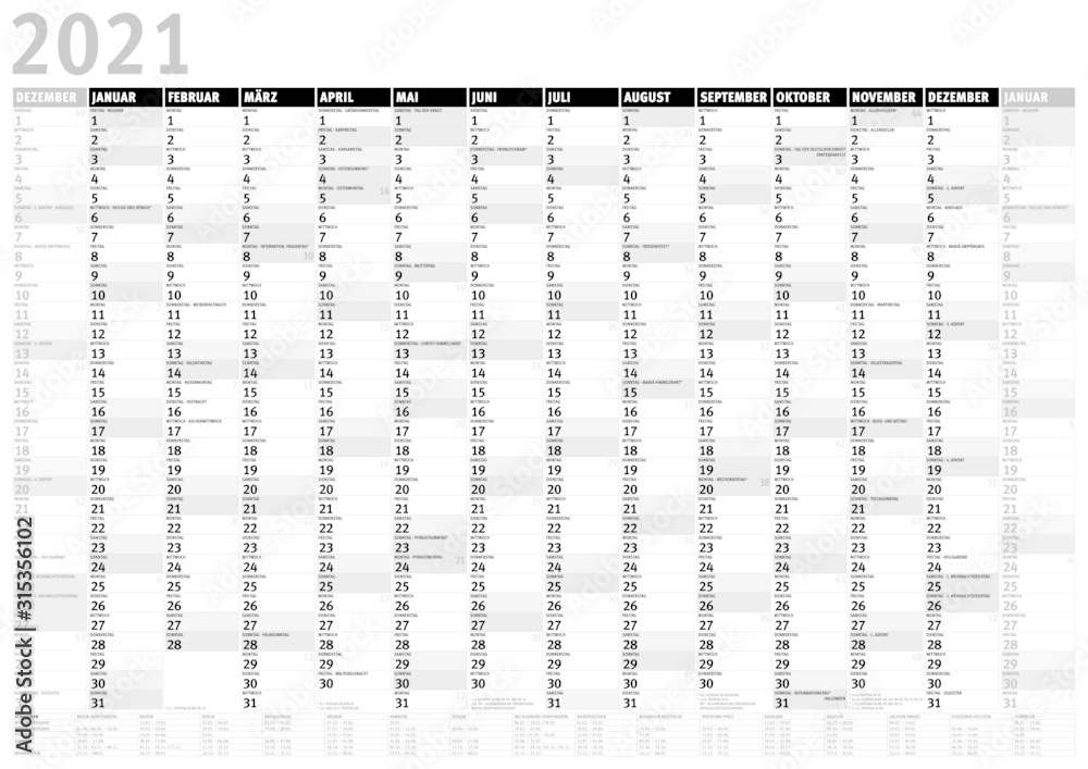 Kalender 2021 (Dezember 2020 bis Januar 2022) mit Ferien s/w Stock Vector |  Adobe Stock