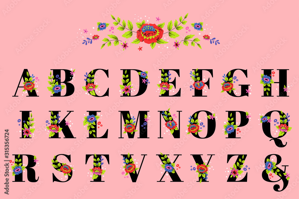Fototapeta premium Black Letters with Floral Elements