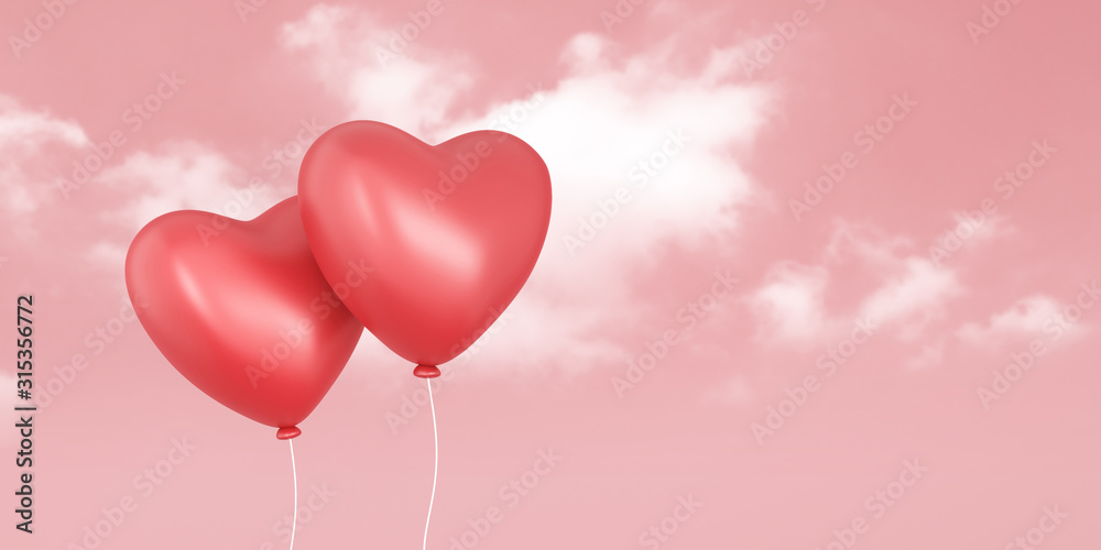 Couple of red balloons on love sky and pink background with valentine day festival. Romantic hearts for wedding decoration party style. 3D rendering.