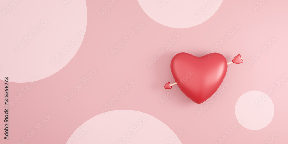 Red heart and cupid arrow on pink polka dots background with valentine day festival. Romantic heart for wedding decoration party style. 3D rendering. - obrazy, fototapety, plakaty 