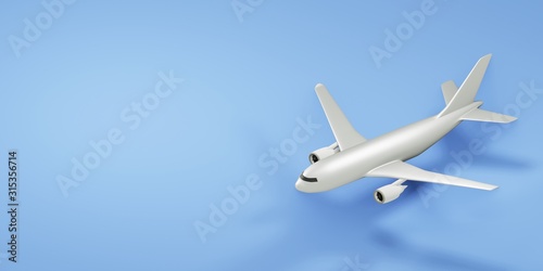 White airplane on blue background with copy space. 3d render