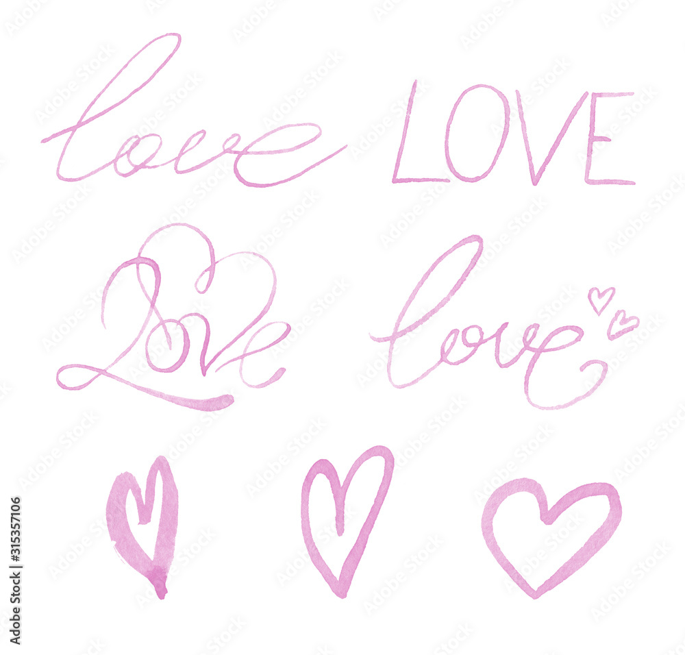 Watercolor lettering the word love. Declaration of love. Inscription for Valentine's day. Word Letters about Love and Valentine on white background.