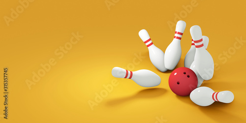 Red bowling ball striking against pins. 3d render