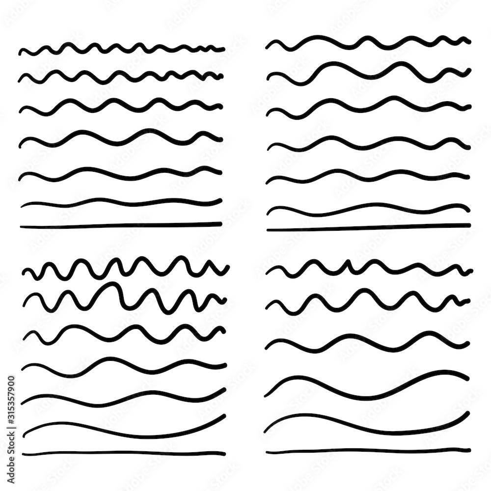 hand drawn Wave line and wavy zigzag pattern lines. Vector black underlines, smooth end squiggly horizontal curvy squiggles isolated hand drawn Wave line and wavy zigzag pattern lines. Vector black underlines, smooth end squiggly horizontal curvy squiggles isolated