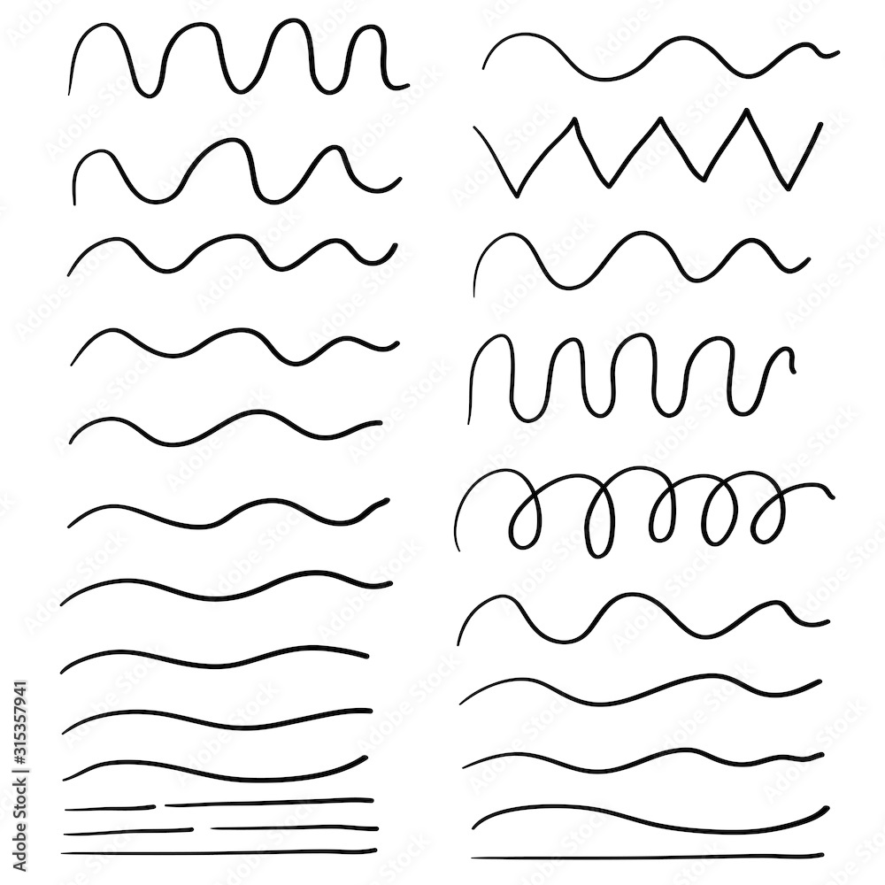 hand drawn Wave line and wavy zigzag pattern lines. Vector black underlines, smooth end squiggly horizontal curvy squiggles isolated