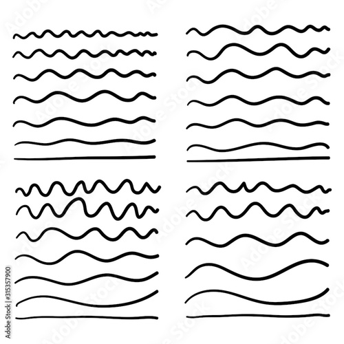 hand drawn Wave line and wavy zigzag pattern lines. Vector black underlines, smooth end squiggly horizontal curvy squiggles isolated photo