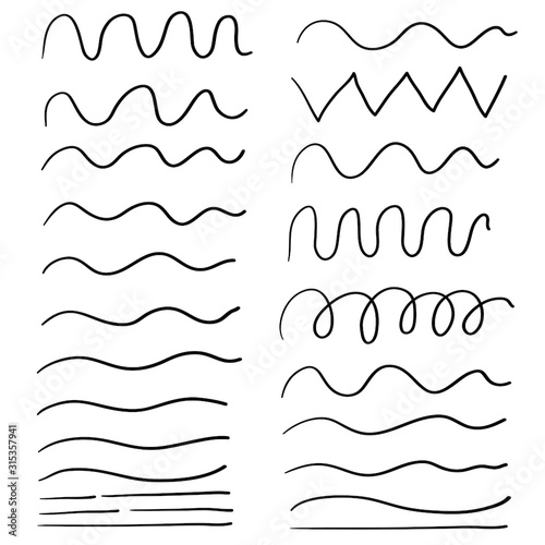 hand drawn Wave line and wavy zigzag pattern lines. Vector black underlines, smooth end squiggly horizontal curvy squiggles isolated photo