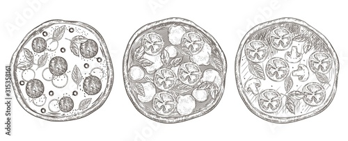 Set of pizza images. Pizzas with sausage, tomatoes, mushrooms, basil.