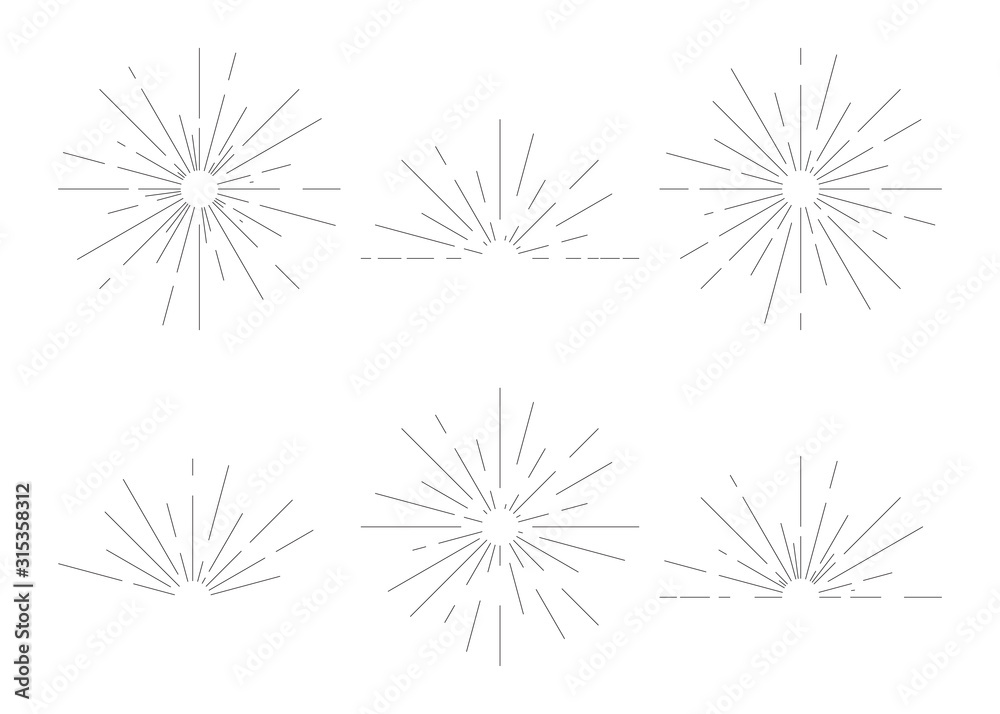 Sunburst set. Starburst collection. Explosion light icon. Isolated on white background. Vector illustration. Sunburst set. Starburst collection. Explosion light icon. Isolated on white background. Vector illustration.