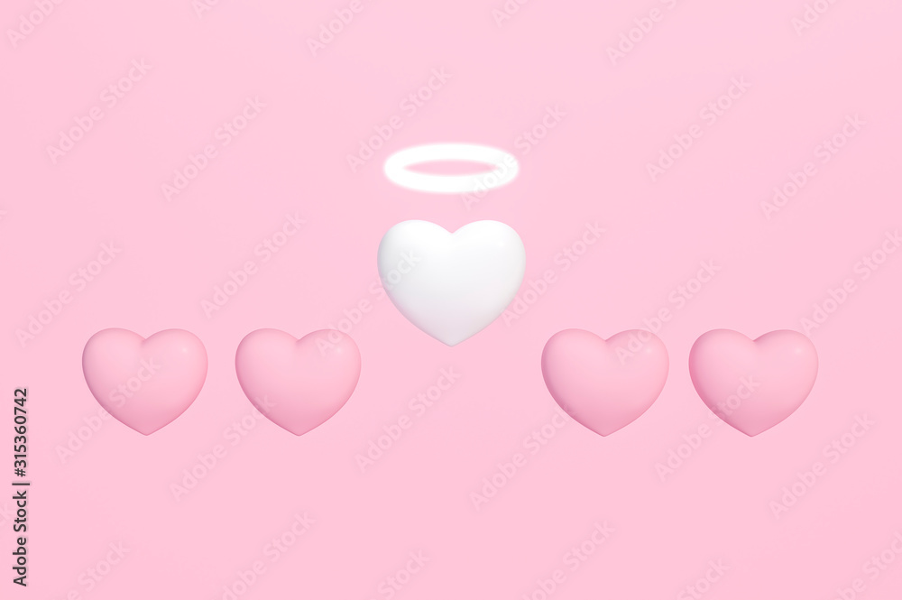 Pure white heart and white halo angel ring floating among pink heart on pastel pink background 3d rendering. 3D illustration pure love and Valentines Day greeting card template minimal concept.