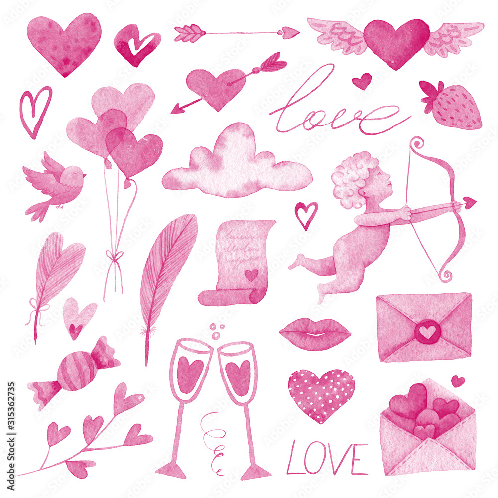 Big Watercolor set for Valentine Day. Gentle pink hand draw illustrations.