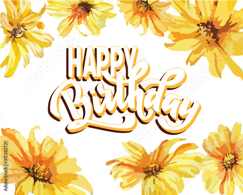 Happy birthday hand lettering text, brush ink calligraphy, vector type design, isolated on white background.