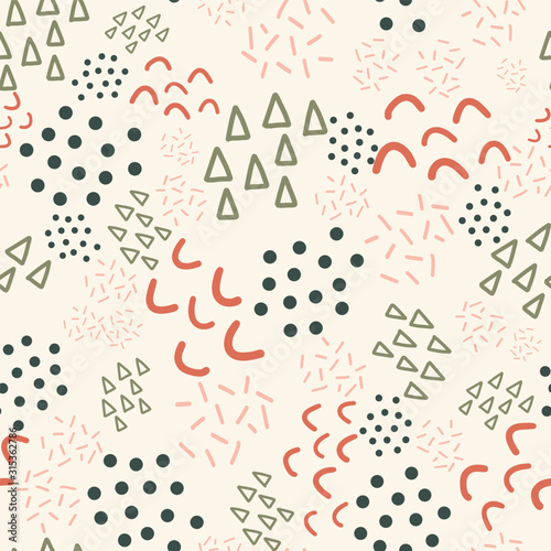 Seamless vector background scribble shapes. Kids pattern. Doodles pink coral green