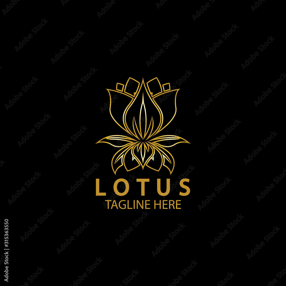 Golden lotus flower logo. Vector design template of lotus icon on dark background with golden effect for eco, beauty, spa, yoga, medical companies. Golden lotus flower logo. Vector design template of lotus icon on dark background with golden effect for eco, beauty, spa, yoga, medical companies.