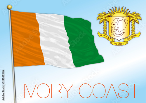 Ivory Coast official national flag and coat of arms, african country, vector illustration