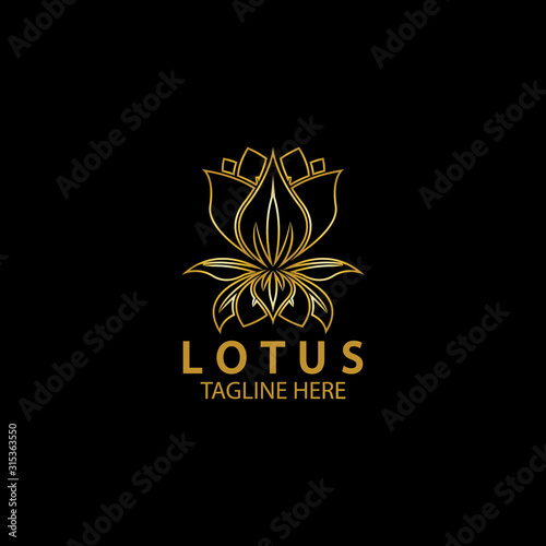 Golden lotus flower logo. Vector design template of lotus icon on dark background with golden effect for eco, beauty, spa, yoga, medical companies. © Sunar