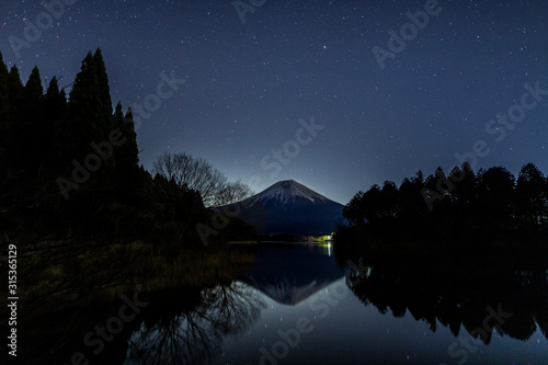 田貫湖のみなもに映る富士山と冬の星空