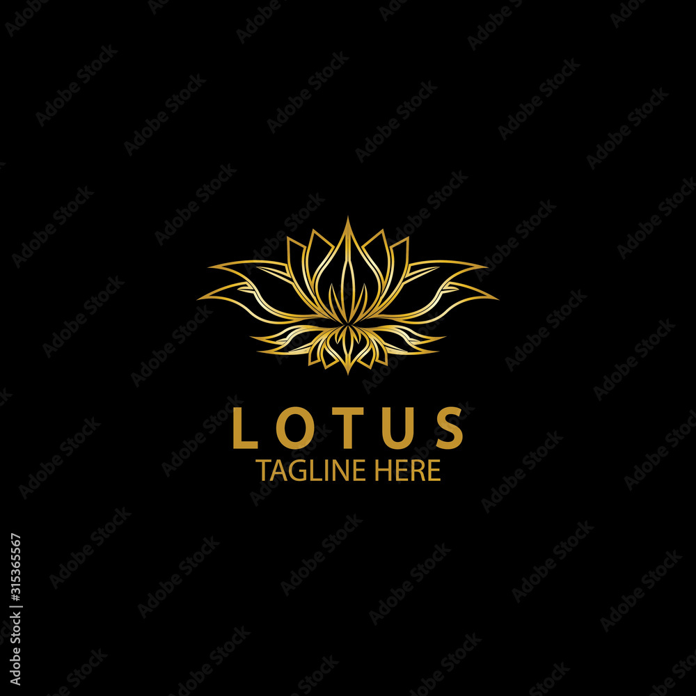 Obraz premium Golden lotus flower logo. Vector design template of lotus icon on dark background with golden effect for eco, beauty, spa, yoga, medical companies.