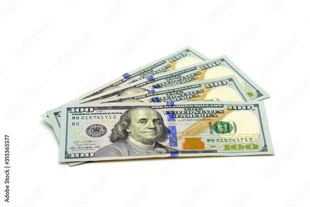 hundred US dollar bank notes in high angle view. isolated background. hundred US dollar bank notes in high angle view. isolated background.