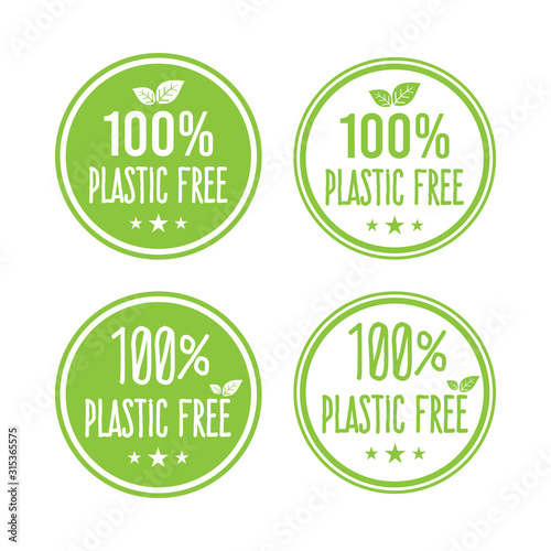 Plastic free green icon badge and product sign for labels, stickers and stamps.   Bpa plastic free chemical mark zero or 100 percent clean.
