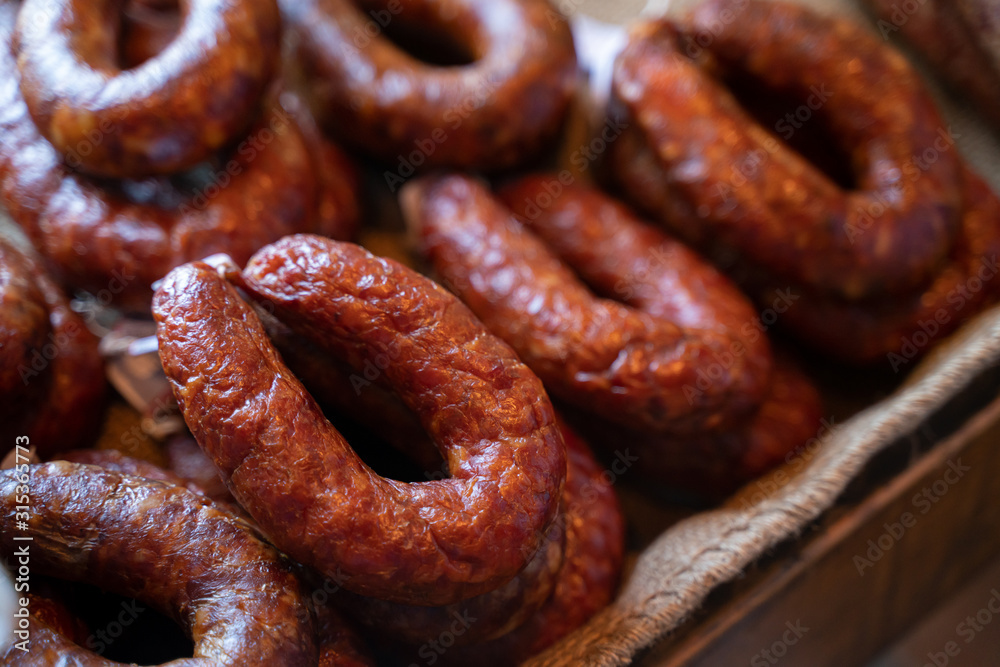 Rustic Cured Portuguese Chorizo Pork Sausages At The Farmers Market Rustic Cured Portuguese Chorizo Pork Sausages At The Farmers Market
