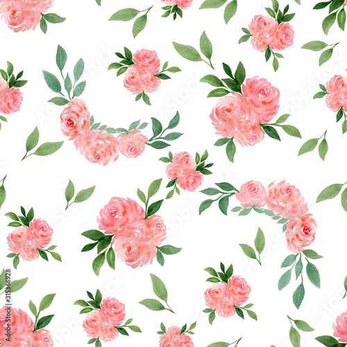 seamless pattern with pink rose flowers, watercolor floral illustration with rose bouquet