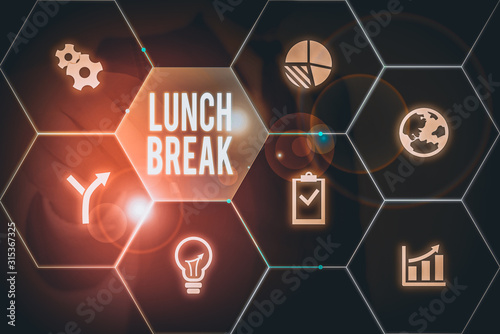 Writing note showing Lunch Break. Business concept for time when a demonstrating stops working or studying to have lunch photo