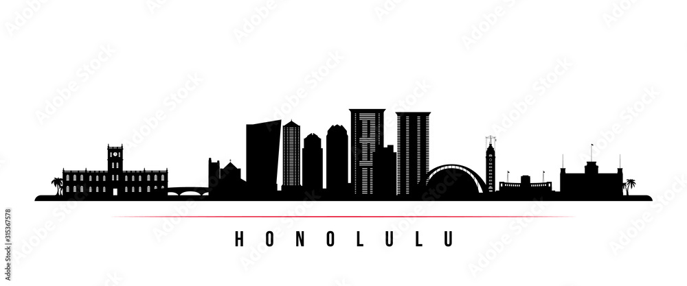 Honolulu skyline horizontal banner. Black and white silhouette of Honolulu, Hawaii. Vector template for your design.