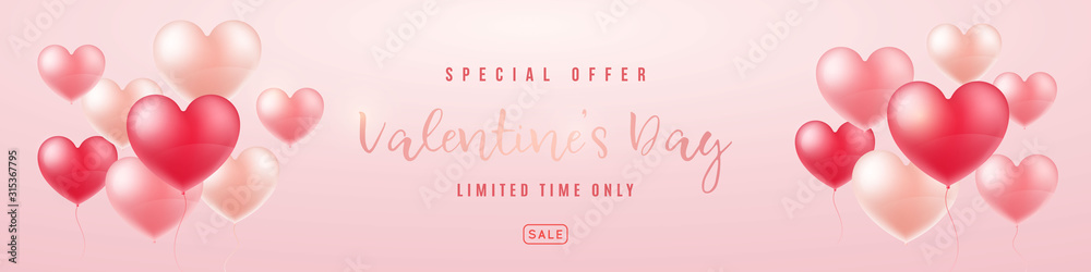 Long Horizontal Valentine's Day Sale Banner. Composition with 3d realistic balloon hearts. Vector illustration for website, brochure, Wallpaper, flyers, invitation, banners.