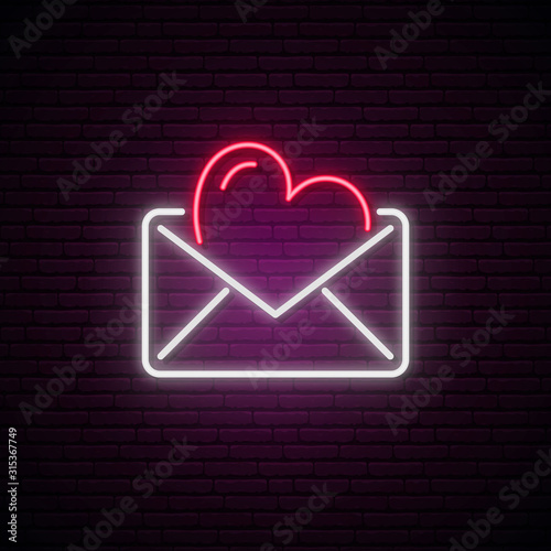 Glowing neon envelope with a heart. Love letter neon signboard. Valentine greeting card. Simple vector icon.