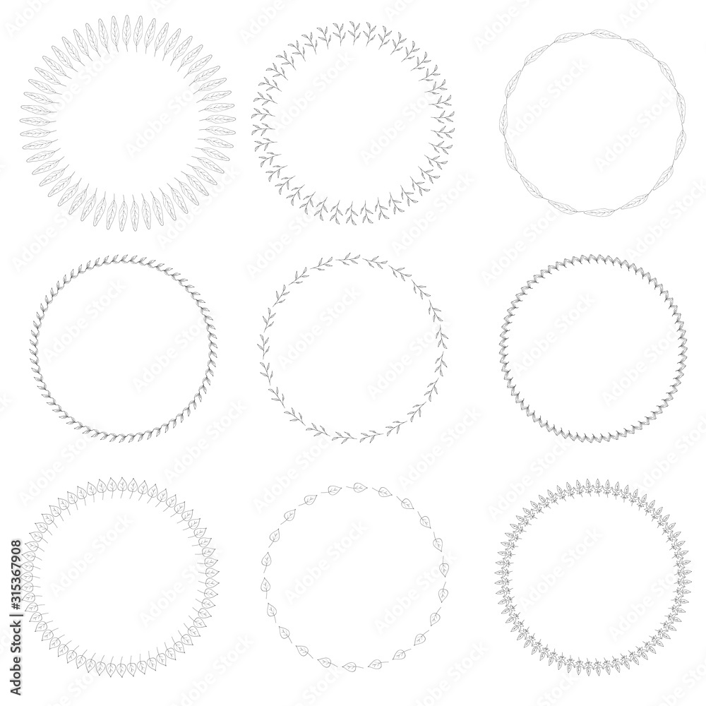 Nine round frames with cute decorative branches and leaves. Isolated frames on white background for your design. Nine round frames with cute decorative branches and leaves. Isolated frames on white background for your design.