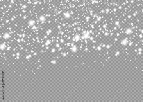 realistic falling snow or snowflakes. Isolated on transparent background - stock vector.