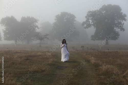 Fototapeta Naklejka Na Ścianę i Meble -  girl in a white dress on a mist field with oaks