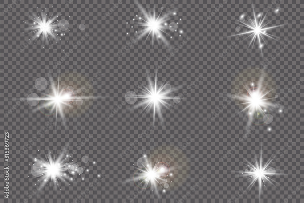 Glow transparent vector light effect set, explosion, glitter, spark, sun flash. Vector illustration.